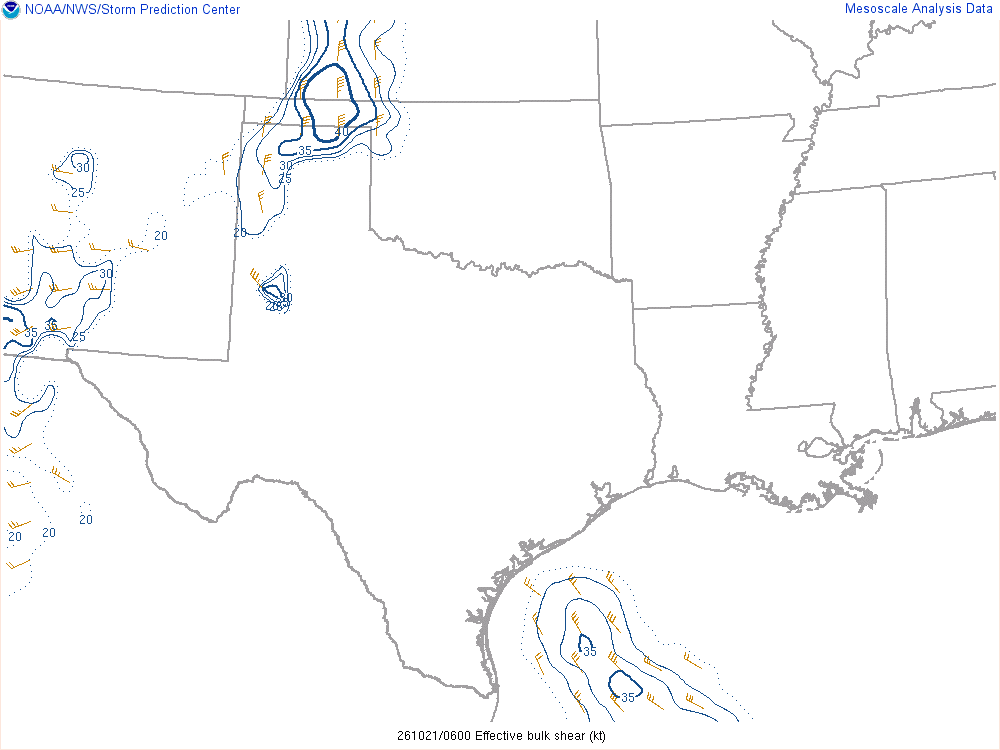 SPC mesoanalysis map, Effective bulk shear, Southern Plains region, analysis for 06Z. Its key and units are in SPC’s picture; what it shows is described beside it.