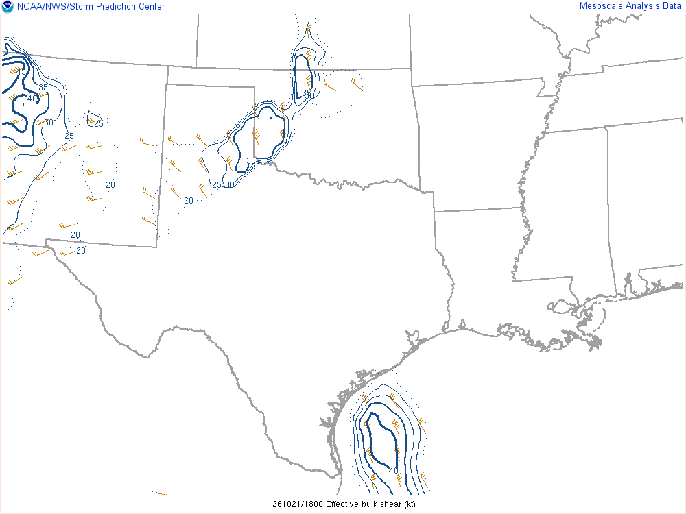 SPC mesoanalysis map, Effective bulk shear, Southern Plains region, analysis for 18Z. Its key and units are in SPC’s picture; what it shows is described beside it.