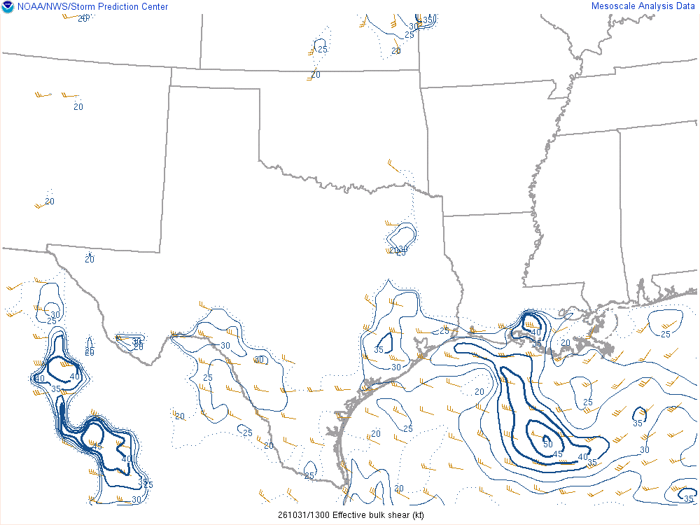 SPC mesoanalysis map, Effective bulk shear, Southern Plains region, analysis for 13Z. Its key and units are in SPC’s picture; what it shows is described beside it.