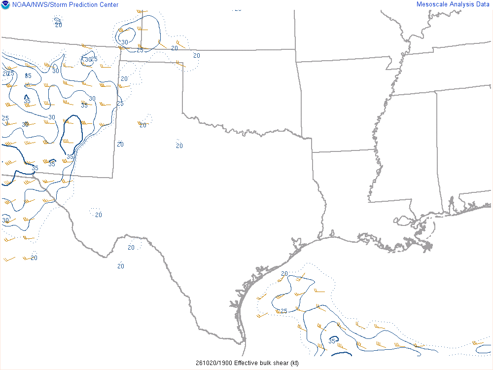 SPC mesoanalysis map, Effective bulk shear, Southern Plains region, analysis for 19Z. Its key and units are in SPC’s picture; what it shows is described beside it.