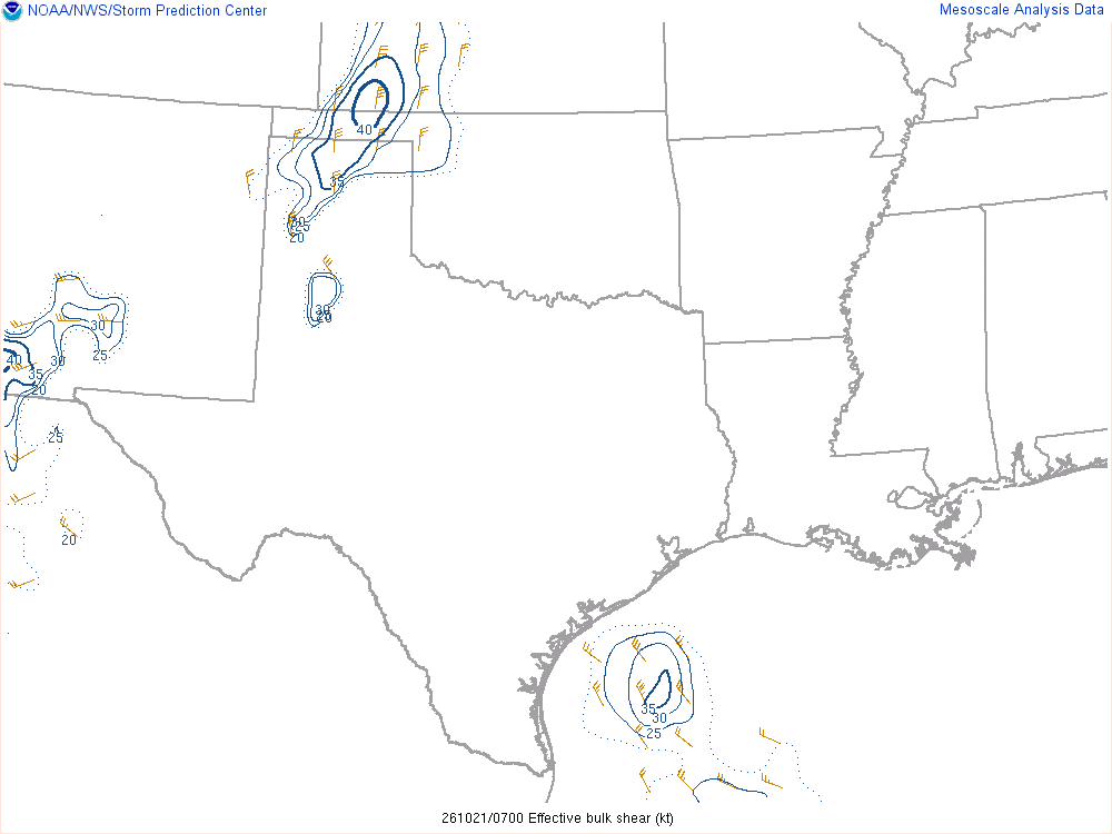SPC mesoanalysis map, Effective bulk shear, Southern Plains region, analysis for 07Z. Its key and units are in SPC’s picture; what it shows is described beside it.