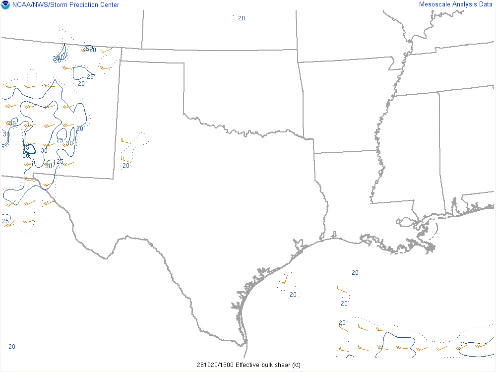 SPC mesoanalysis map, Effective bulk shear, Southern Plains region, analysis for 16Z. Its key and units are in SPC’s picture; what it shows is described beside it.