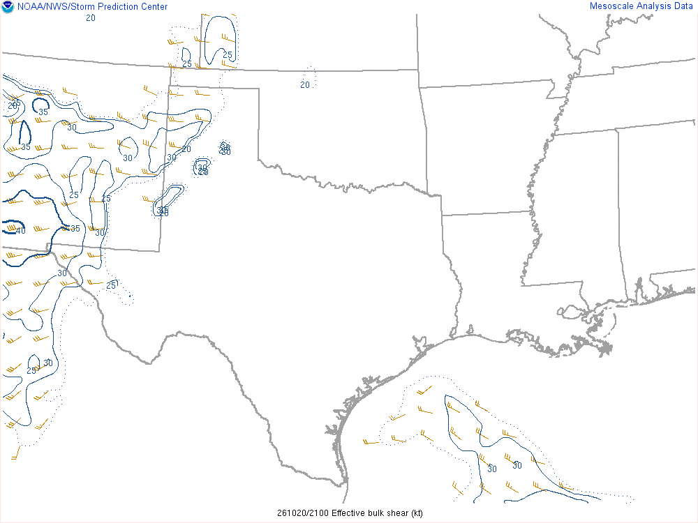 SPC mesoanalysis map, Effective bulk shear, Southern Plains region, analysis for 21Z. Its key and units are in SPC’s picture; what it shows is described beside it.
