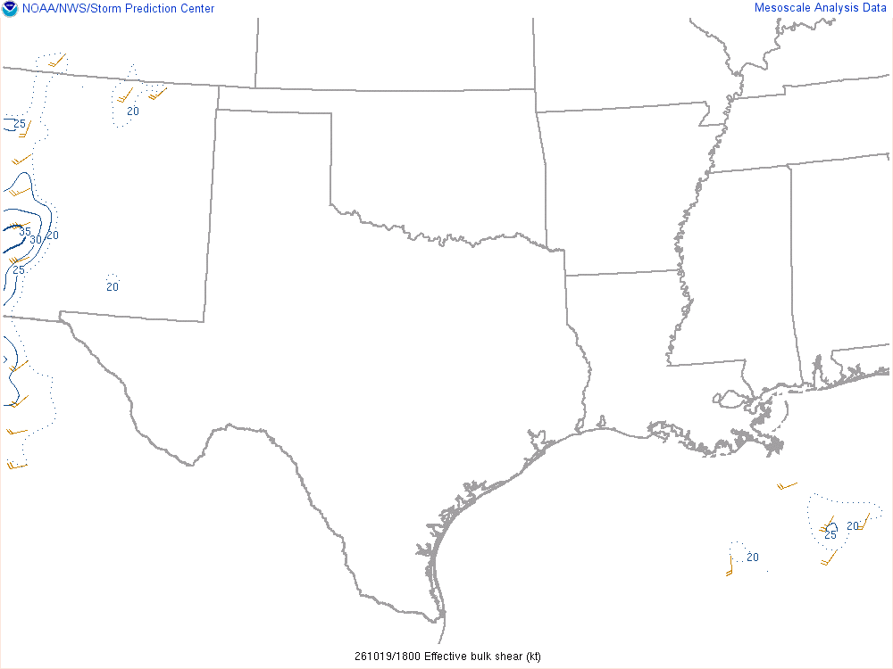 SPC mesoanalysis map, Effective bulk shear, Southern Plains region, analysis for 18Z. Its key and units are in SPC’s picture; what it shows is described beside it.