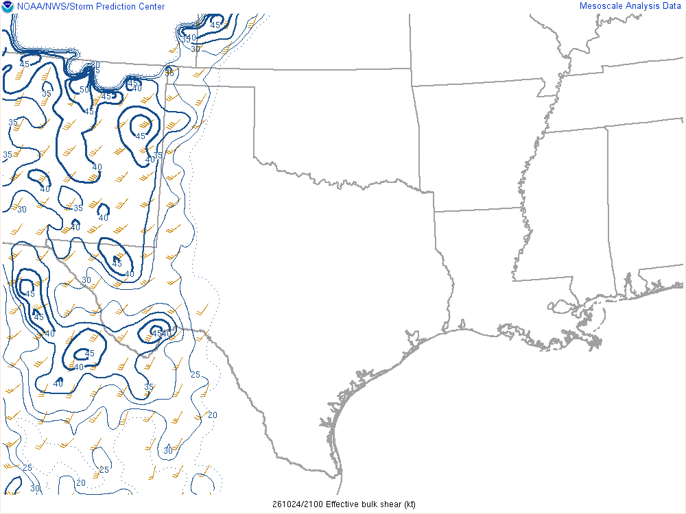 SPC mesoanalysis map, Effective bulk shear, Southern Plains region, analysis for 21Z. Its key and units are in SPC’s picture; what it shows is described beside it.