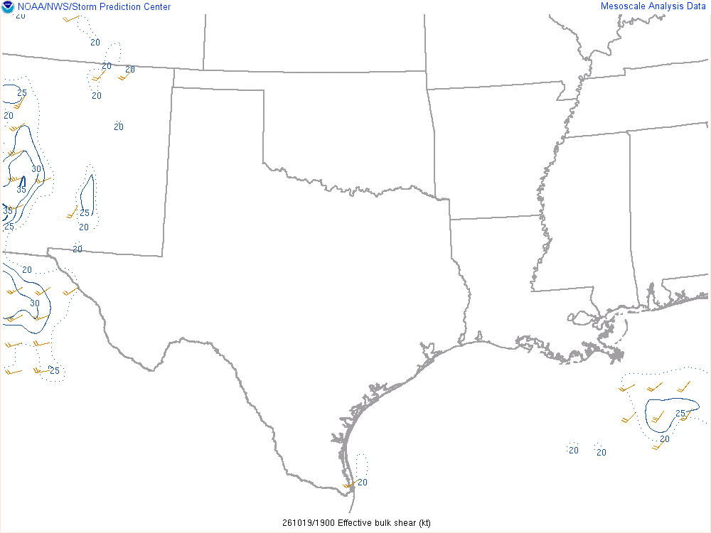 SPC mesoanalysis map, Effective bulk shear, Southern Plains region, analysis for 19Z. Its key and units are in SPC’s picture; what it shows is described beside it.