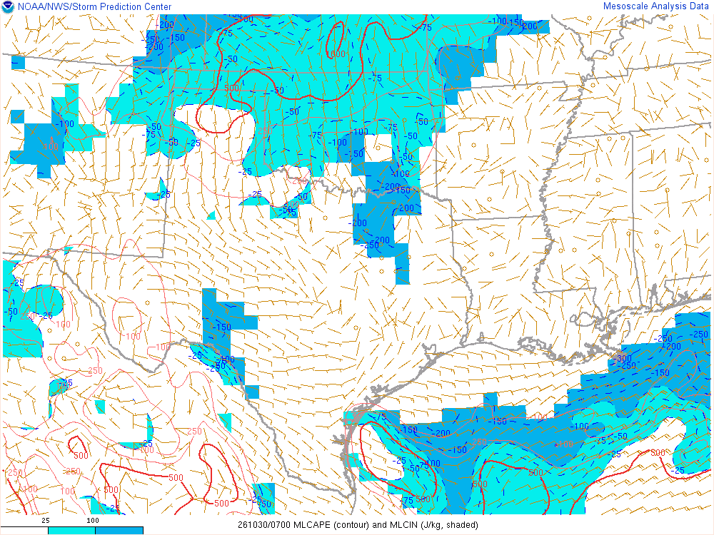 SPC mesoanalysis map, Mixed-layer CAPE and CIN, Southern Plains region, analysis for 07Z. Its key and units are in SPC’s picture; what it shows is described beside it.
