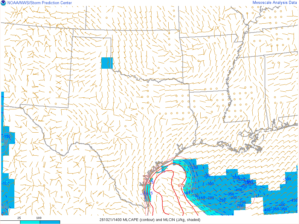 SPC mesoanalysis map, Mixed-layer CAPE and CIN, Southern Plains region, analysis for 14Z. Its key and units are in SPC’s picture; what it shows is described beside it.