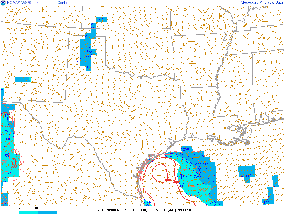 SPC mesoanalysis map, Mixed-layer CAPE and CIN, Southern Plains region, analysis for 09Z. Its key and units are in SPC’s picture; what it shows is described beside it.