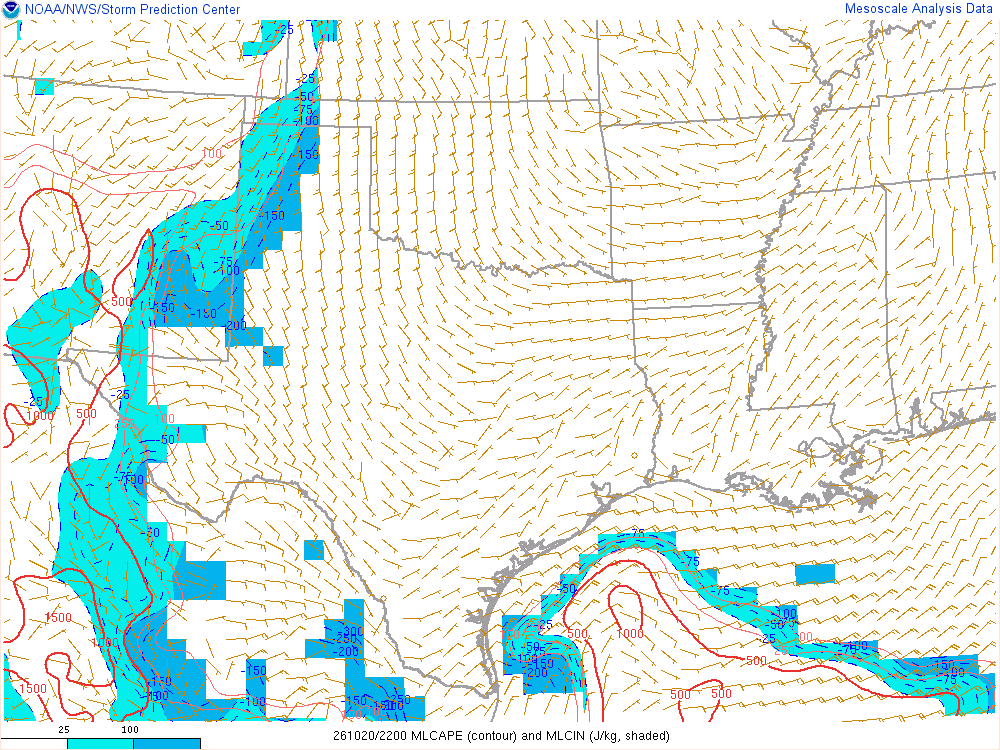 SPC mesoanalysis map, Mixed-layer CAPE and CIN, Southern Plains region, analysis for 22Z. Its key and units are in SPC’s picture; what it shows is described beside it.