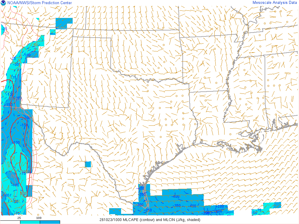SPC mesoanalysis map, Mixed-layer CAPE and CIN, Southern Plains region, analysis for 10Z. Its key and units are in SPC’s picture; what it shows is described beside it.