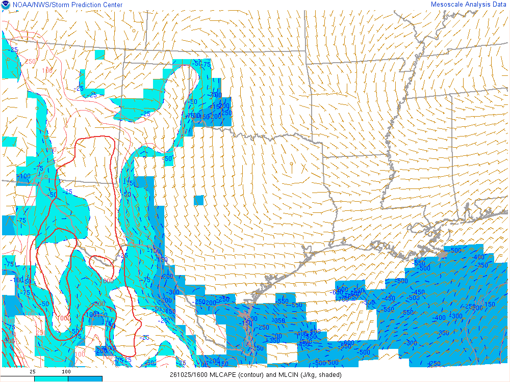 SPC mesoanalysis map, Mixed-layer CAPE and CIN, Southern Plains region, analysis for 16Z. Its key and units are in SPC’s picture; what it shows is described beside it.