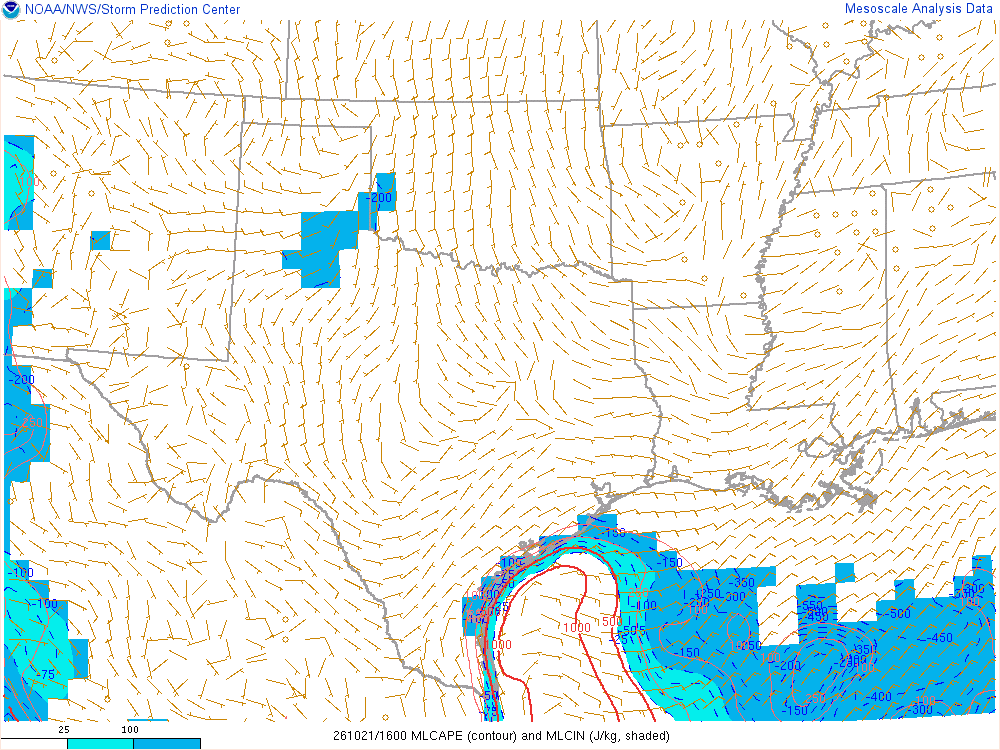 SPC mesoanalysis map, Mixed-layer CAPE and CIN, Southern Plains region, analysis for 16Z. Its key and units are in SPC’s picture; what it shows is described beside it.