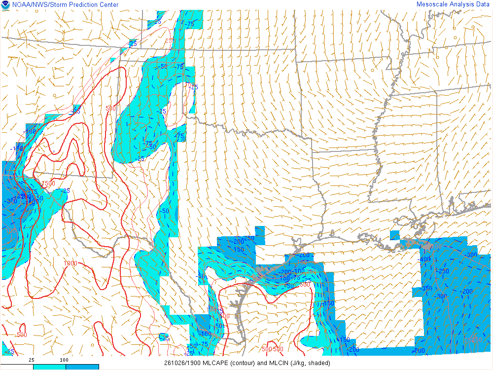 SPC mesoanalysis map, Mixed-layer CAPE and CIN, Southern Plains region, analysis for 19Z. Its key and units are in SPC’s picture; what it shows is described beside it.