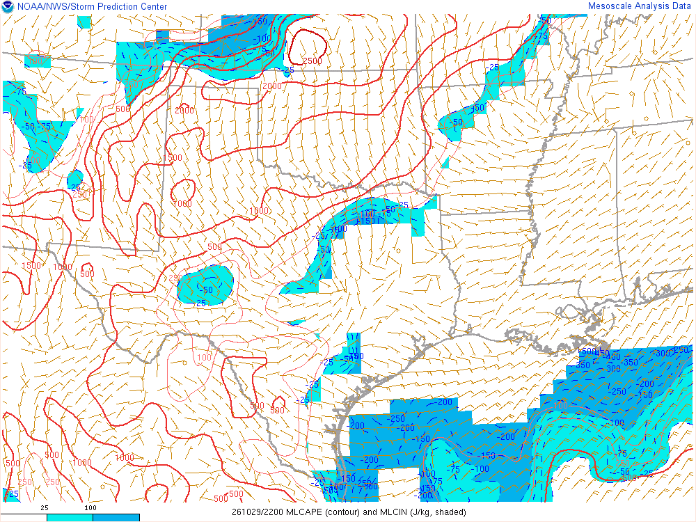 SPC mesoanalysis map, Mixed-layer CAPE and CIN, Southern Plains region, analysis for 22Z. Its key and units are in SPC’s picture; what it shows is described beside it.