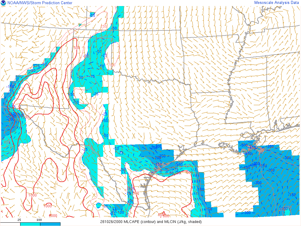 SPC mesoanalysis map, Mixed-layer CAPE and CIN, Southern Plains region, analysis for 20Z. Its key and units are in SPC’s picture; what it shows is described beside it.