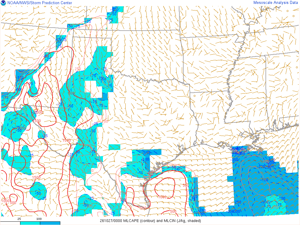 SPC mesoanalysis map, Mixed-layer CAPE and CIN, Southern Plains region, analysis for 00Z. Its key and units are in SPC’s picture; what it shows is described beside it.