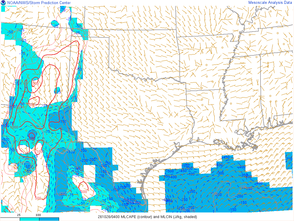 SPC mesoanalysis map, Mixed-layer CAPE and CIN, Southern Plains region, analysis for 04Z. Its key and units are in SPC’s picture; what it shows is described beside it.