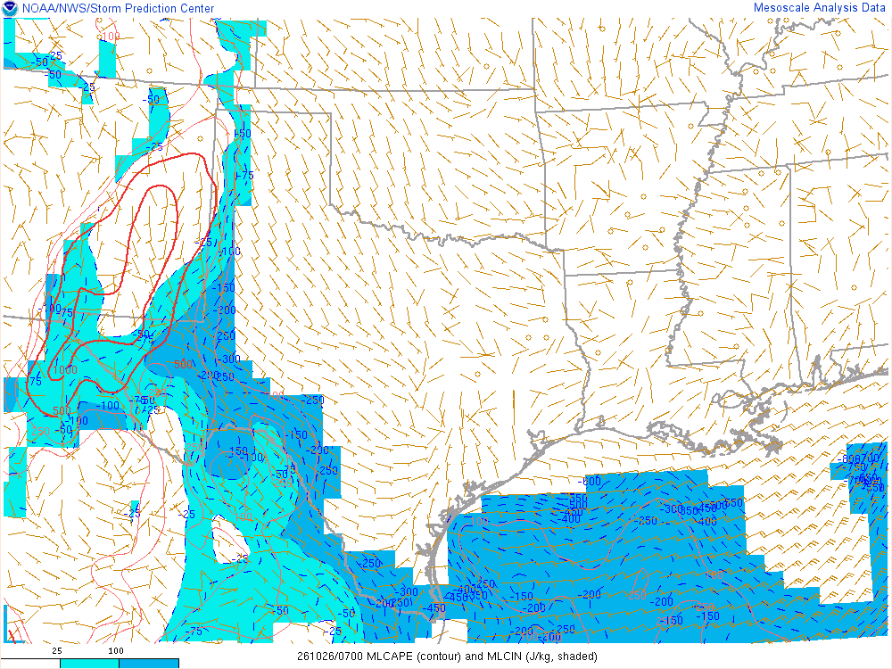SPC mesoanalysis map, Mixed-layer CAPE and CIN, Southern Plains region, analysis for 07Z. Its key and units are in SPC’s picture; what it shows is described beside it.
