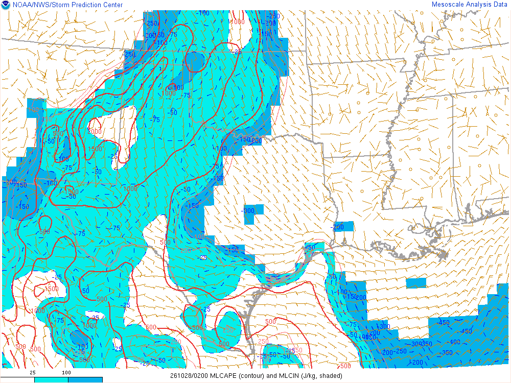SPC mesoanalysis map, Mixed-layer CAPE and CIN, Southern Plains region, analysis for 02Z. Its key and units are in SPC’s picture; what it shows is described beside it.