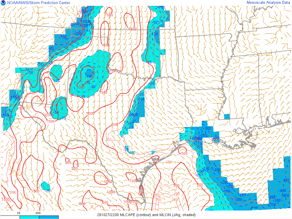 SPC mesoanalysis map, Mixed-layer CAPE and CIN, Southern Plains region, analysis for 22Z. Its key and units are in SPC’s picture; what it shows is described beside it.