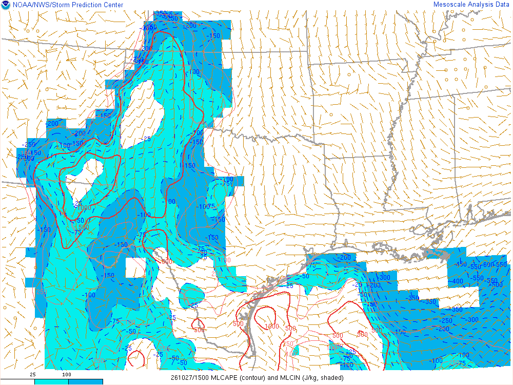 SPC mesoanalysis map, Mixed-layer CAPE and CIN, Southern Plains region, analysis for 15Z. Its key and units are in SPC’s picture; what it shows is described beside it.