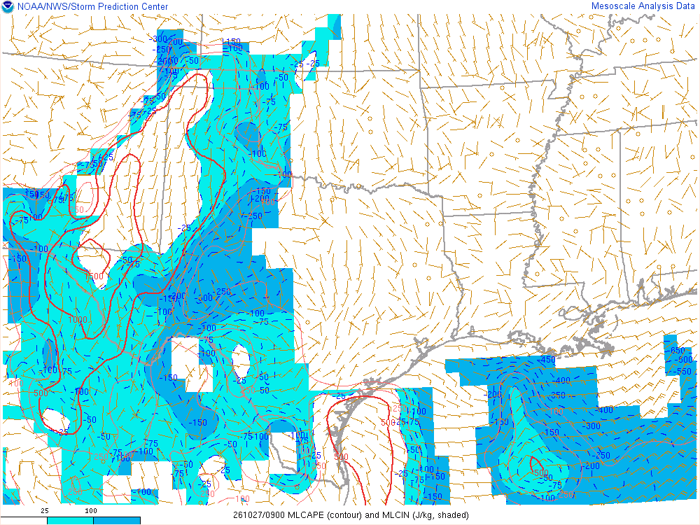 SPC mesoanalysis map, Mixed-layer CAPE and CIN, Southern Plains region, analysis for 09Z. Its key and units are in SPC’s picture; what it shows is described beside it.