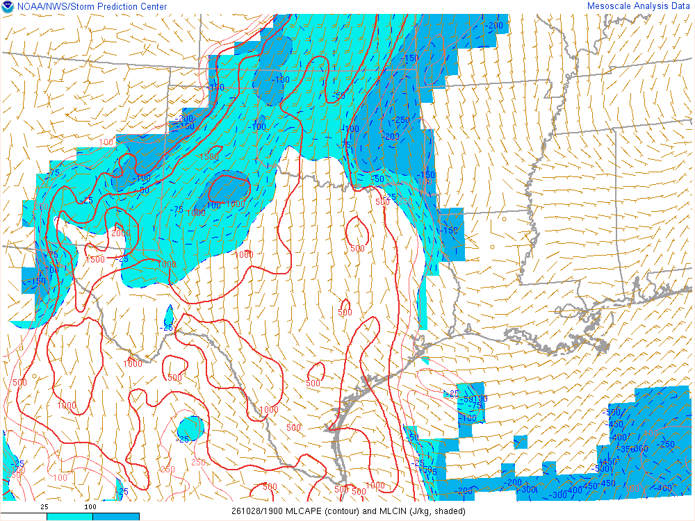 SPC mesoanalysis map, Mixed-layer CAPE and CIN, Southern Plains region, analysis for 19Z. Its key and units are in SPC’s picture; what it shows is described beside it.