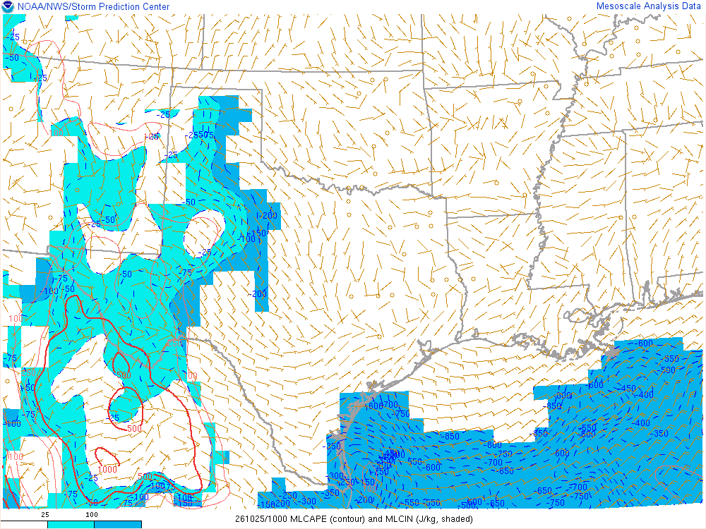 SPC mesoanalysis map, Mixed-layer CAPE and CIN, Southern Plains region, analysis for 10Z. Its key and units are in SPC’s picture; what it shows is described beside it.
