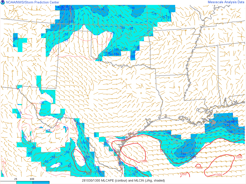 SPC mesoanalysis map, Mixed-layer CAPE and CIN, Southern Plains region, analysis for 13Z. Its key and units are in SPC’s picture; what it shows is described beside it.