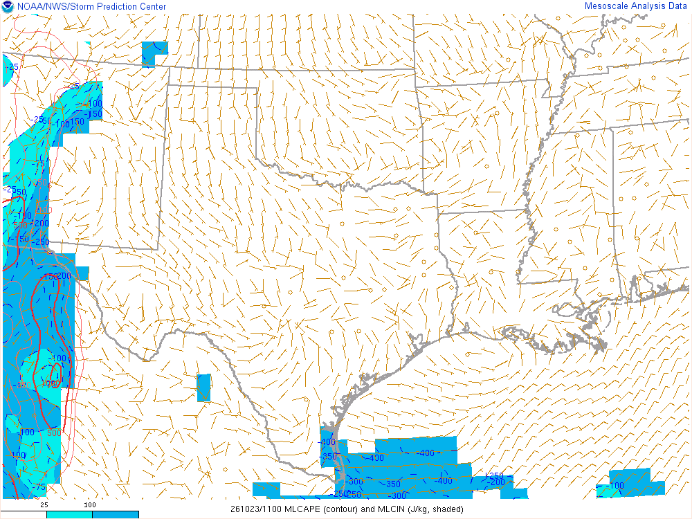SPC mesoanalysis map, Mixed-layer CAPE and CIN, Southern Plains region, analysis for 11Z. Its key and units are in SPC’s picture; what it shows is described beside it.