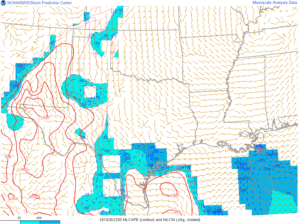 SPC mesoanalysis map, Mixed-layer CAPE and CIN, Southern Plains region, analysis for 22Z. Its key and units are in SPC’s picture; what it shows is described beside it.