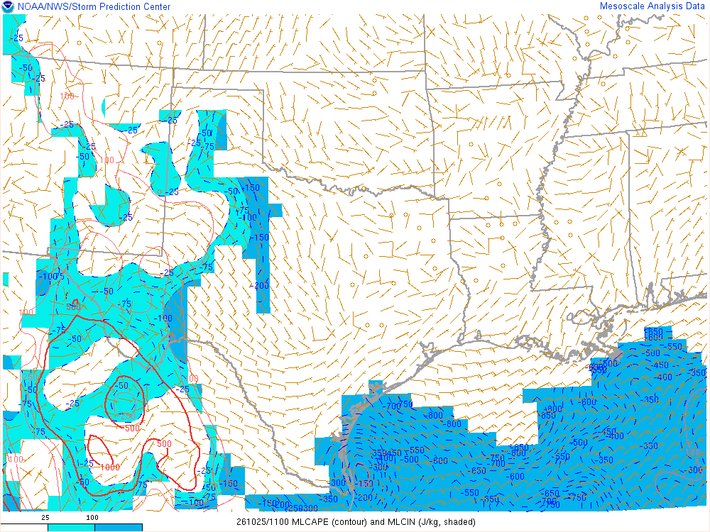 SPC mesoanalysis map, Mixed-layer CAPE and CIN, Southern Plains region, analysis for 11Z. Its key and units are in SPC’s picture; what it shows is described beside it.