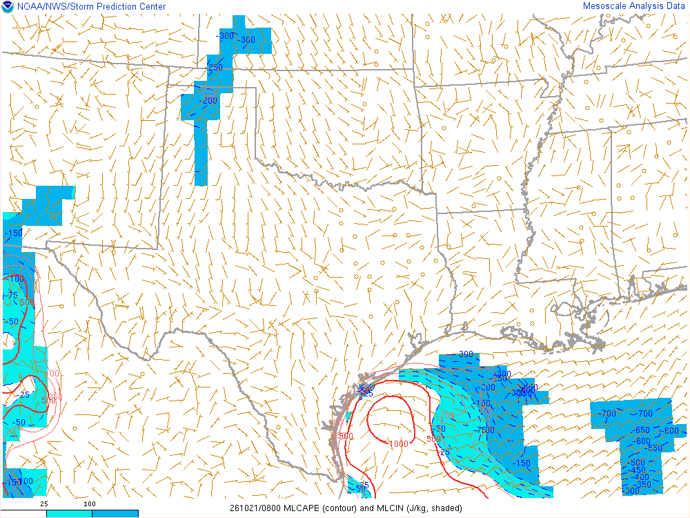 SPC mesoanalysis map, Mixed-layer CAPE and CIN, Southern Plains region, analysis for 08Z. Its key and units are in SPC’s picture; what it shows is described beside it.