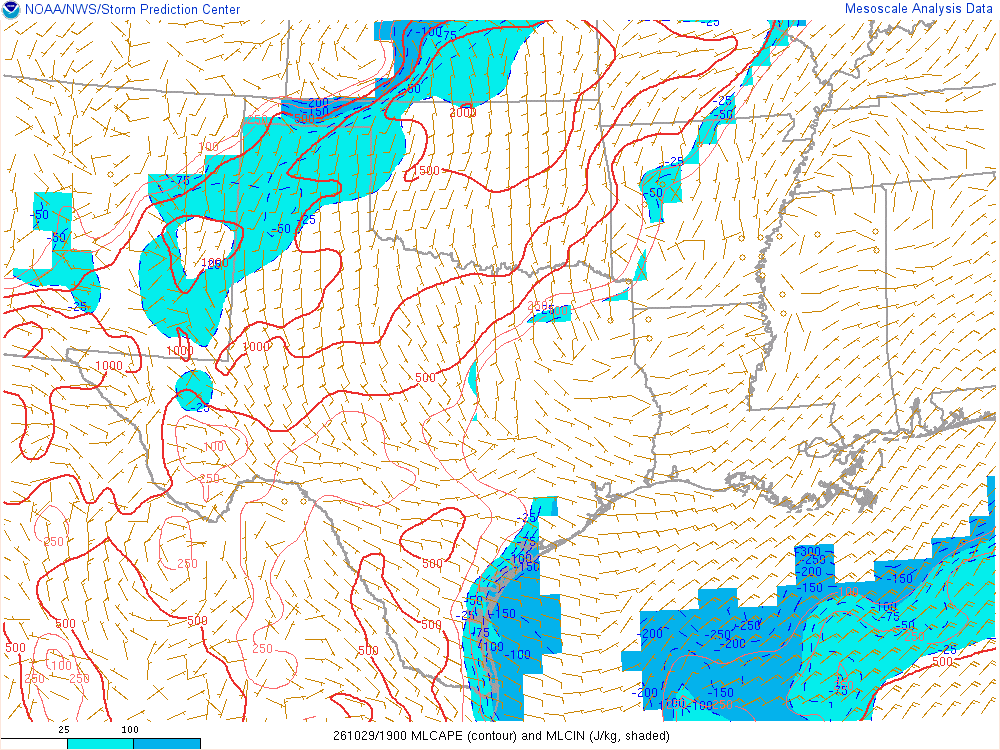 SPC mesoanalysis map, Mixed-layer CAPE and CIN, Southern Plains region, analysis for 19Z. Its key and units are in SPC’s picture; what it shows is described beside it.