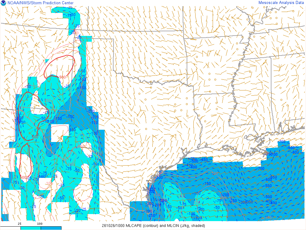 SPC mesoanalysis map, Mixed-layer CAPE and CIN, Southern Plains region, analysis for 10Z. Its key and units are in SPC’s picture; what it shows is described beside it.