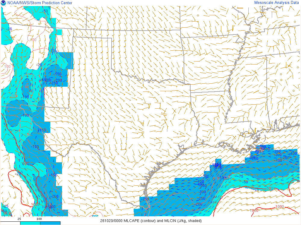 SPC mesoanalysis map, Mixed-layer CAPE and CIN, Southern Plains region, analysis for 00Z. Its key and units are in SPC’s picture; what it shows is described beside it.