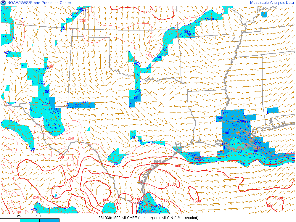 SPC mesoanalysis map, Mixed-layer CAPE and CIN, Southern Plains region, analysis for 19Z. Its key and units are in SPC’s picture; what it shows is described beside it.