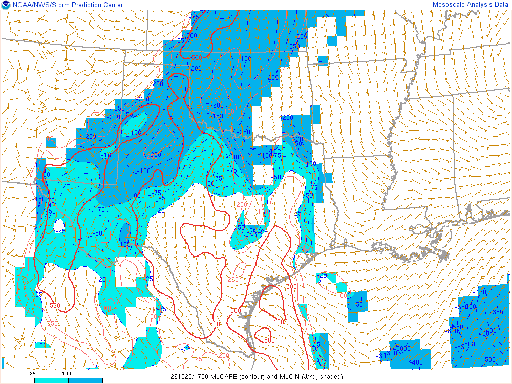 SPC mesoanalysis map, Mixed-layer CAPE and CIN, Southern Plains region, analysis for 17Z. Its key and units are in SPC’s picture; what it shows is described beside it.