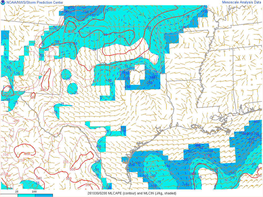 SPC mesoanalysis map, Mixed-layer CAPE and CIN, Southern Plains region, analysis for 02Z. Its key and units are in SPC’s picture; what it shows is described beside it.