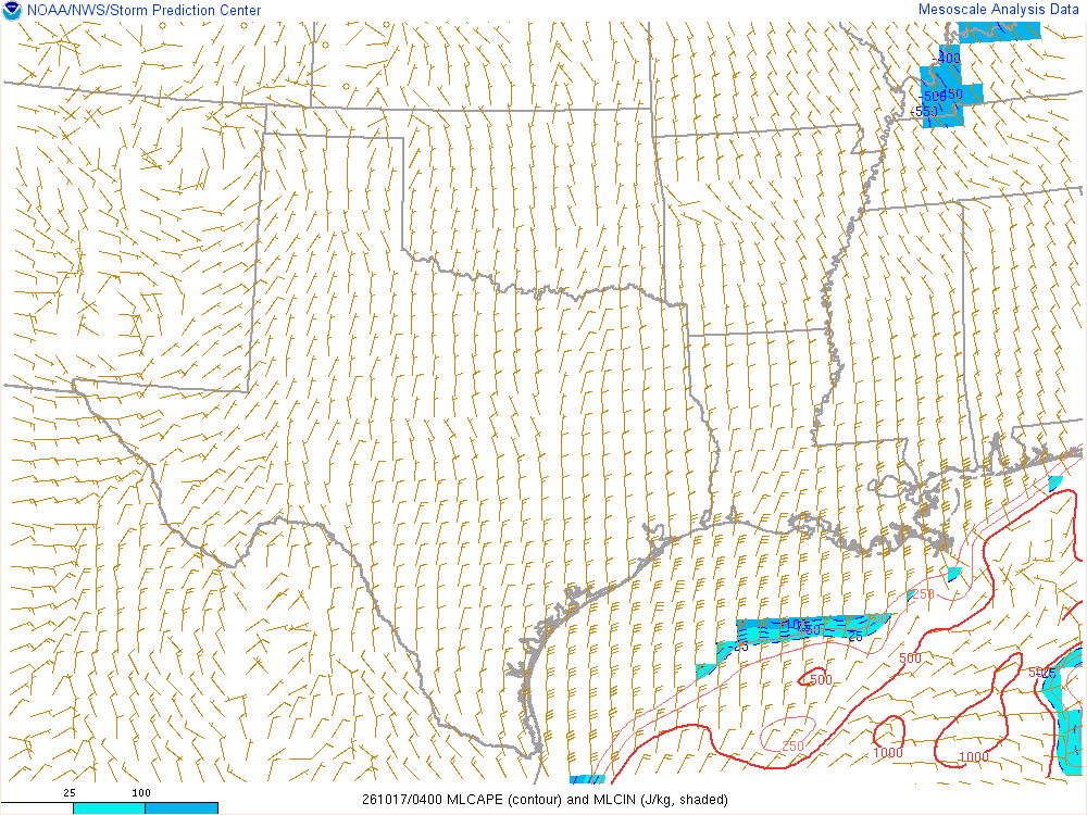 SPC mesoanalysis map, Mixed-layer CAPE and CIN, Southern Plains region, analysis for 04Z. Its key and units are in SPC’s picture; what it shows is described beside it.