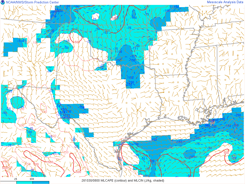 SPC mesoanalysis map, Mixed-layer CAPE and CIN, Southern Plains region, analysis for 08Z. Its key and units are in SPC’s picture; what it shows is described beside it.