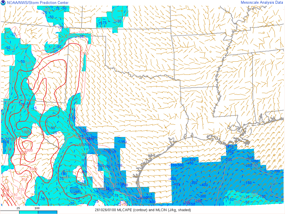 SPC mesoanalysis map, Mixed-layer CAPE and CIN, Southern Plains region, analysis for 01Z. Its key and units are in SPC’s picture; what it shows is described beside it.