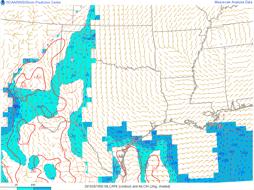 SPC mesoanalysis map, Mixed-layer CAPE and CIN, Southern Plains region, analysis for 18Z. Its key and units are in SPC’s picture; what it shows is described beside it.