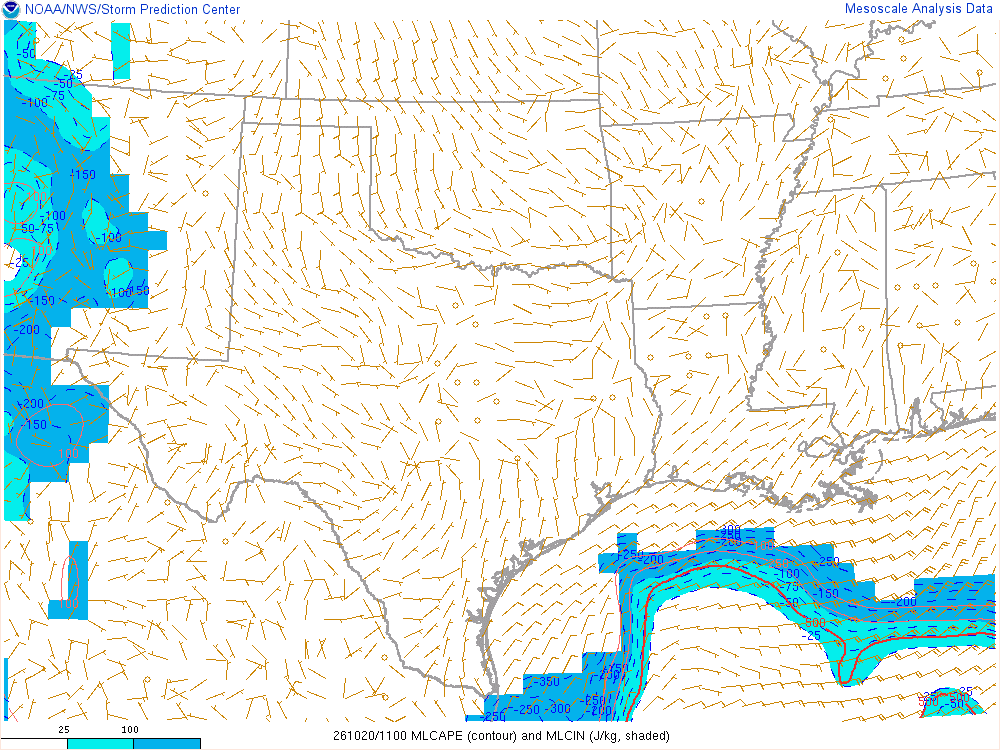 SPC mesoanalysis map, Mixed-layer CAPE and CIN, Southern Plains region, analysis for 11Z. Its key and units are in SPC’s picture; what it shows is described beside it.