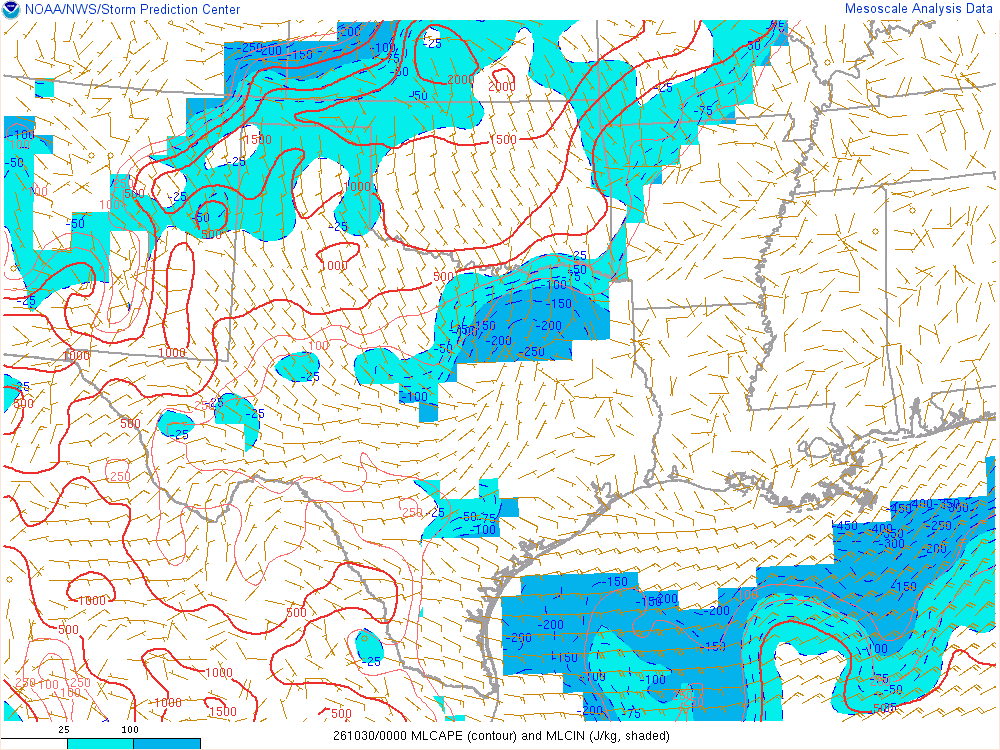 SPC mesoanalysis map, Mixed-layer CAPE and CIN, Southern Plains region, analysis for 00Z. Its key and units are in SPC’s picture; what it shows is described beside it.