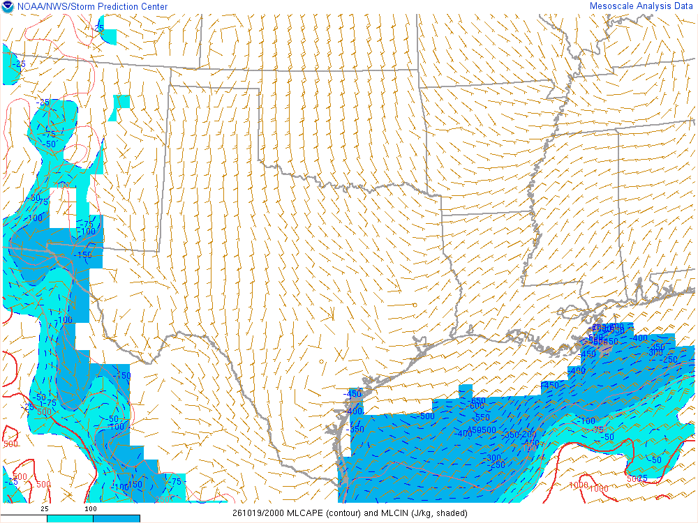 SPC mesoanalysis map, Mixed-layer CAPE and CIN, Southern Plains region, analysis for 20Z. Its key and units are in SPC’s picture; what it shows is described beside it.