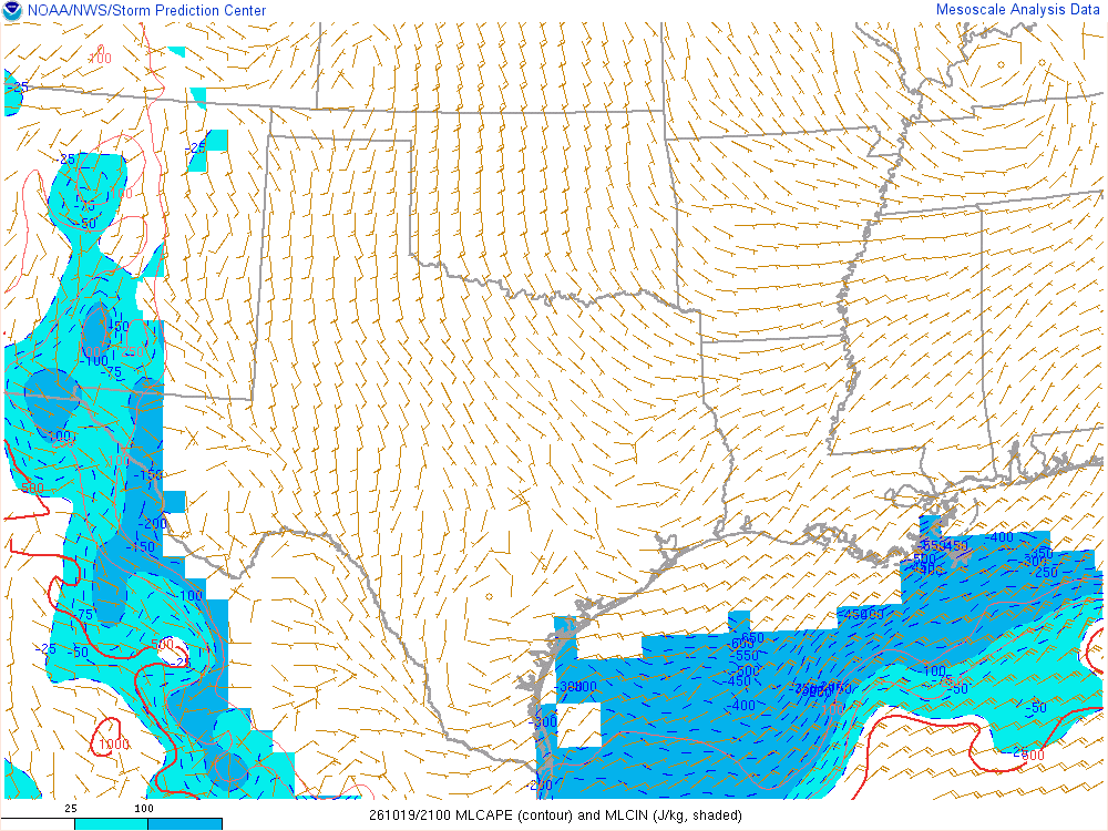 SPC mesoanalysis map, Mixed-layer CAPE and CIN, Southern Plains region, analysis for 21Z. Its key and units are in SPC’s picture; what it shows is described beside it.