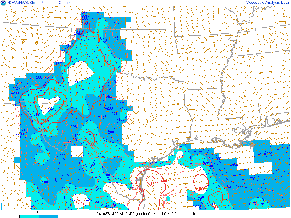 SPC mesoanalysis map, Mixed-layer CAPE and CIN, Southern Plains region, analysis for 14Z. Its key and units are in SPC’s picture; what it shows is described beside it.