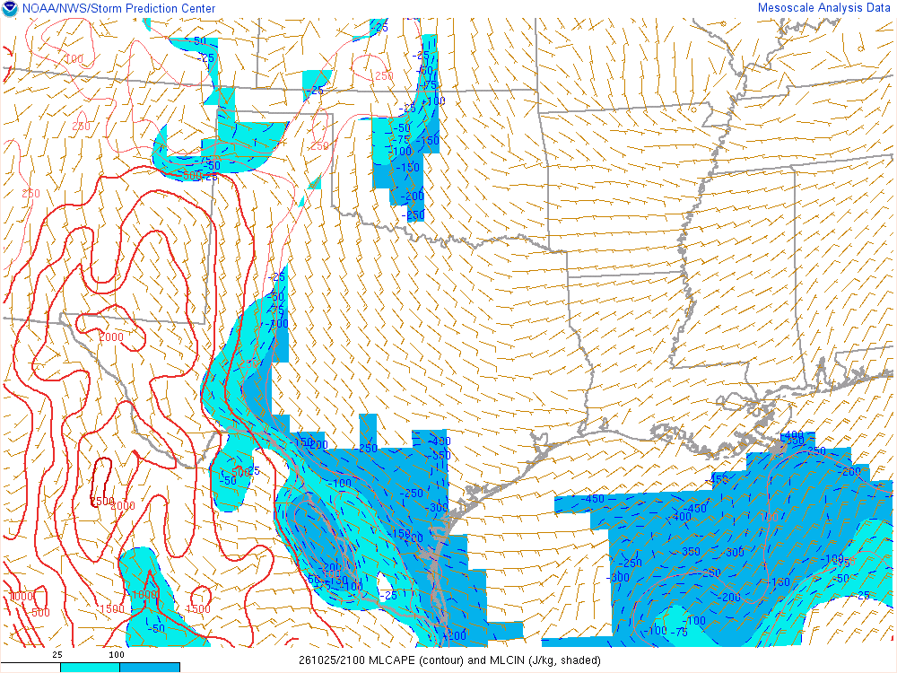 SPC mesoanalysis map, Mixed-layer CAPE and CIN, Southern Plains region, analysis for 21Z. Its key and units are in SPC’s picture; what it shows is described beside it.